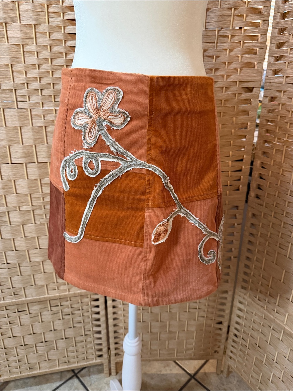 Hand Crafted Rust & Peach Patchwork Corduroy Mini Skirt with Floral Embroidery